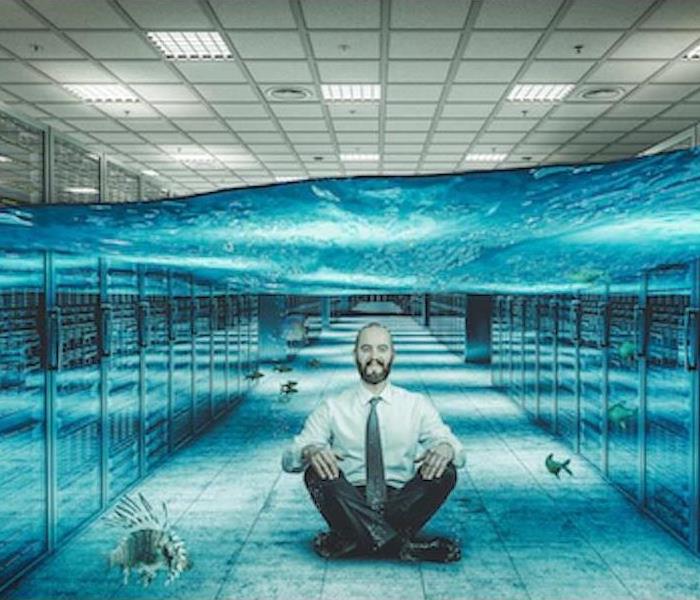 Owner under water with fish in his commercial building